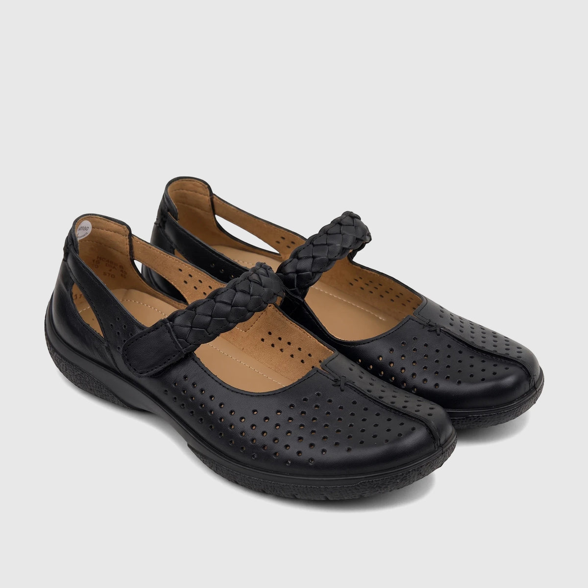 A pair of black Hotter Ladies Comfort Shoe Quake 2, made of perforated leather with a braided instep strap, shown from a