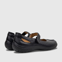 A pair of black Hotter Ladies Comfort Shoe Quake 2, with perforated details and a braided Mary Jane strap.