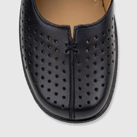 Close-up of a single black Hotter Ladies Comfort Shoe Quake 2, made of perforated leather, viewed from a high angle.