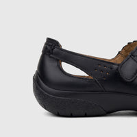 Hotter Ladies Comfort Shoe Quake 2 Black HT103 in a side view, featuring black perforated leather and a braided strap.