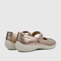 Hotter Ladies Comfort Shoe Shake 2 Rosegold HT104, a pair of metallic rose gold shoes with a braided velcro strap, viewed