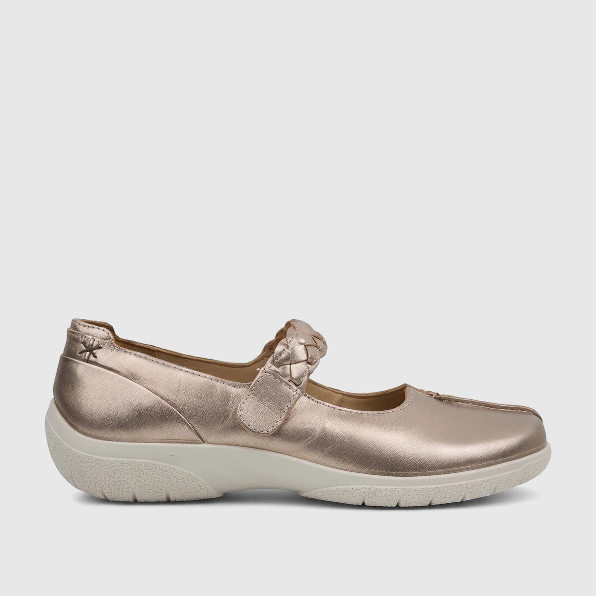 Hotter Ladies Comfort Shoe Shake 2 in rose gold, featuring a braided strap and comfortable white sole, side view.