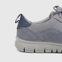 Hotter Ladies Comfort Sneaker Gravity in pale blue and grey, featuring a perforated upper, suede panels, and a textured