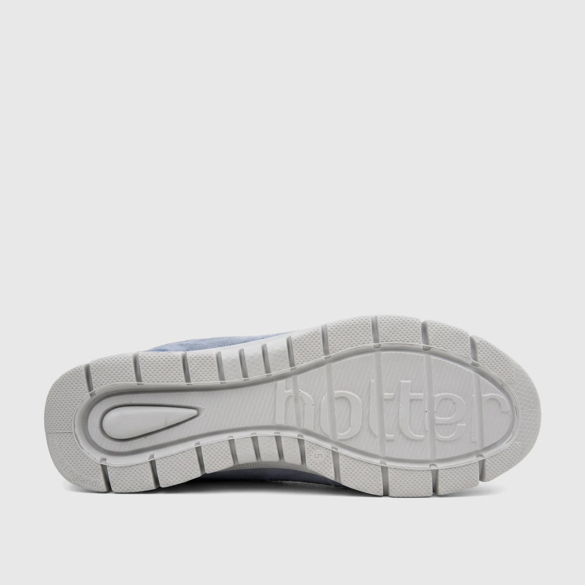 Pale blue Hotter Ladies Comfort Sneaker, Gravity style, viewed from the sole showing textured grip and branding.