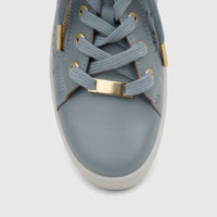 Close-up front view of a Hotter Ladies Comfort Sneaker Wonder in sage perforated leather with gold eyelets and lace bar.