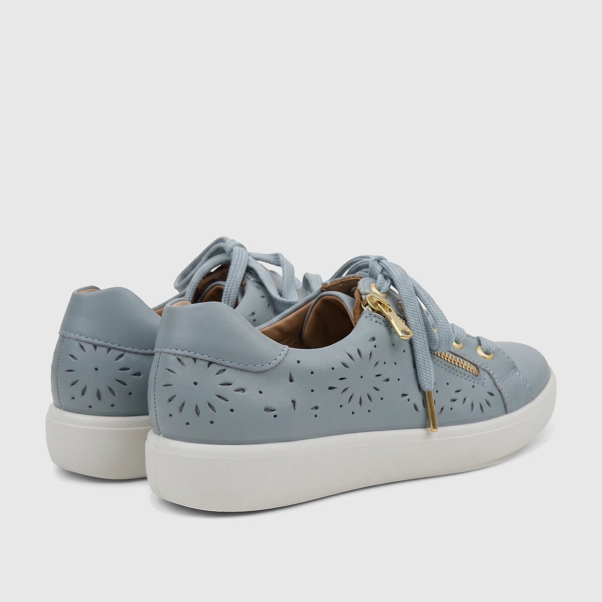 Hotter Ladies Comfort Sneaker Wonder in sage perforated leather, shown from a rear-side view.
