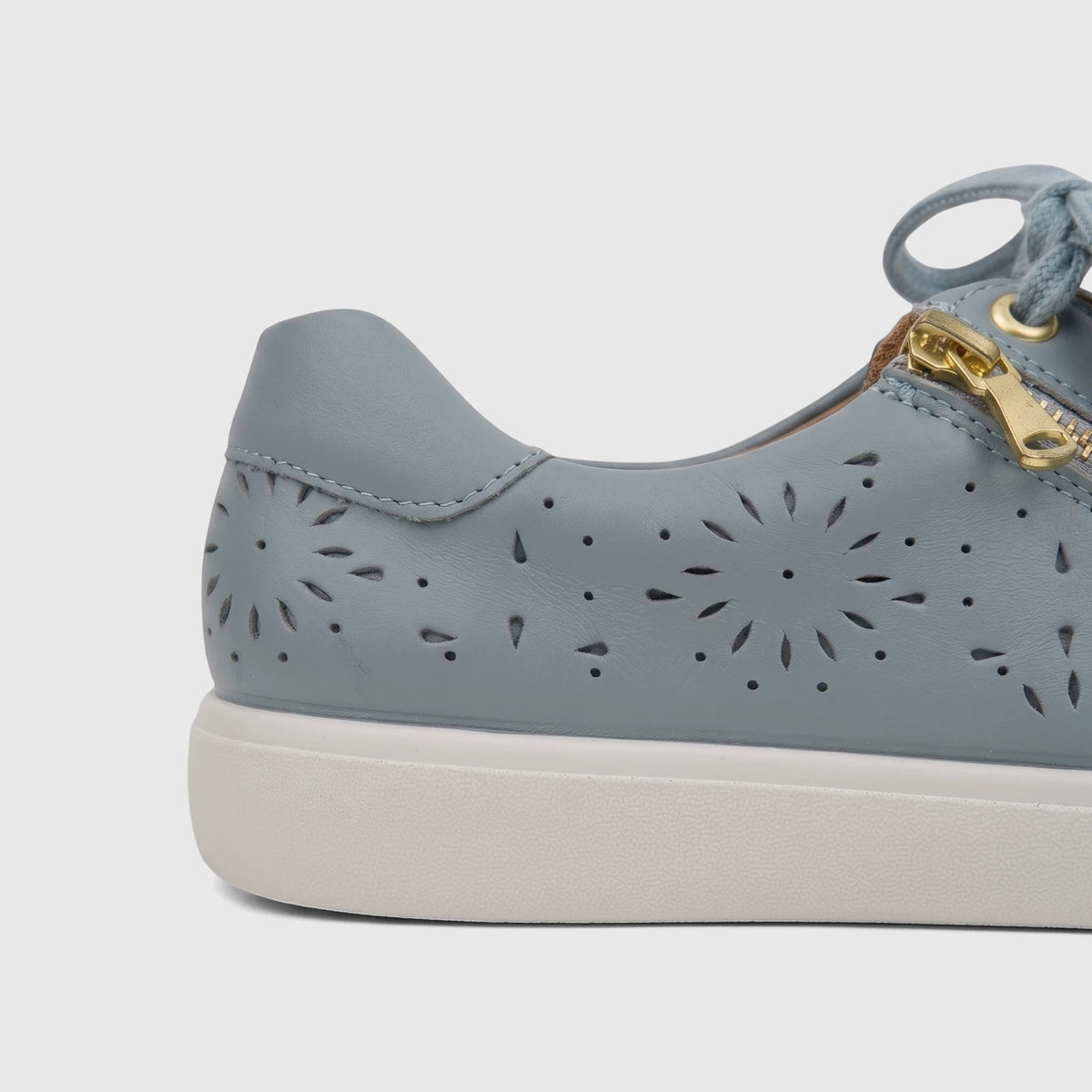 Hotter Ladies Comfort Sneaker Wonder in sage blue perforated leather with a platform sole, side zipper, and laces.
