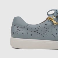 Hotter Ladies Comfort Sneaker Wonder in sage blue perforated leather with a platform sole, side zipper, and laces.