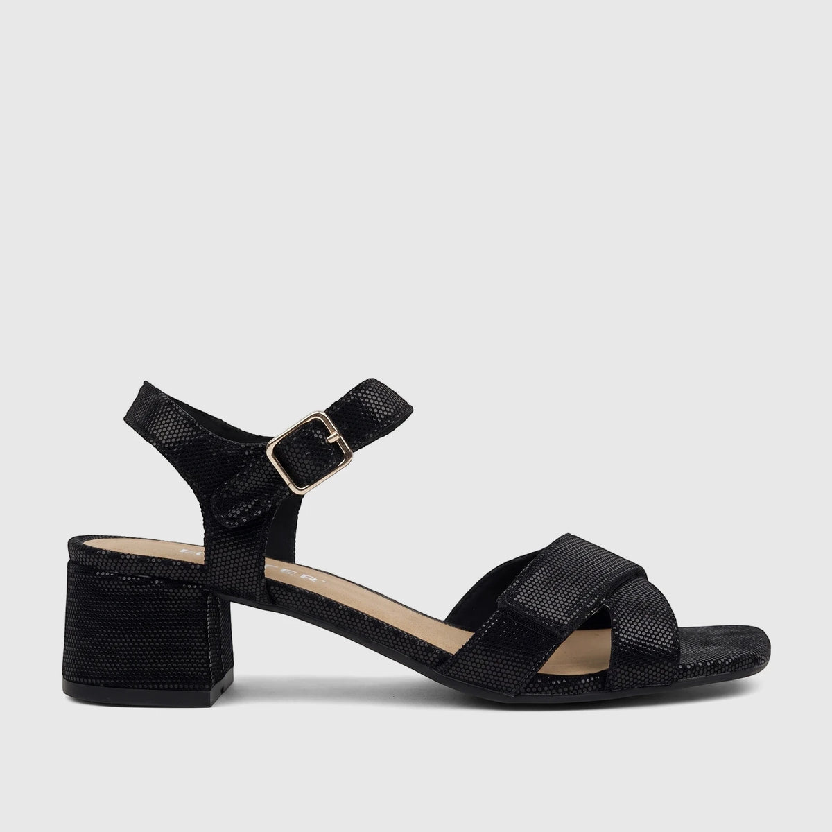 Black Hotter ladies block heel sandal in a textured material, featuring a gold buckle, shown in a side profile view.