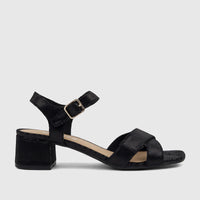 Black Hotter ladies block heel sandal in a textured material, featuring a gold buckle, shown in a side profile view.