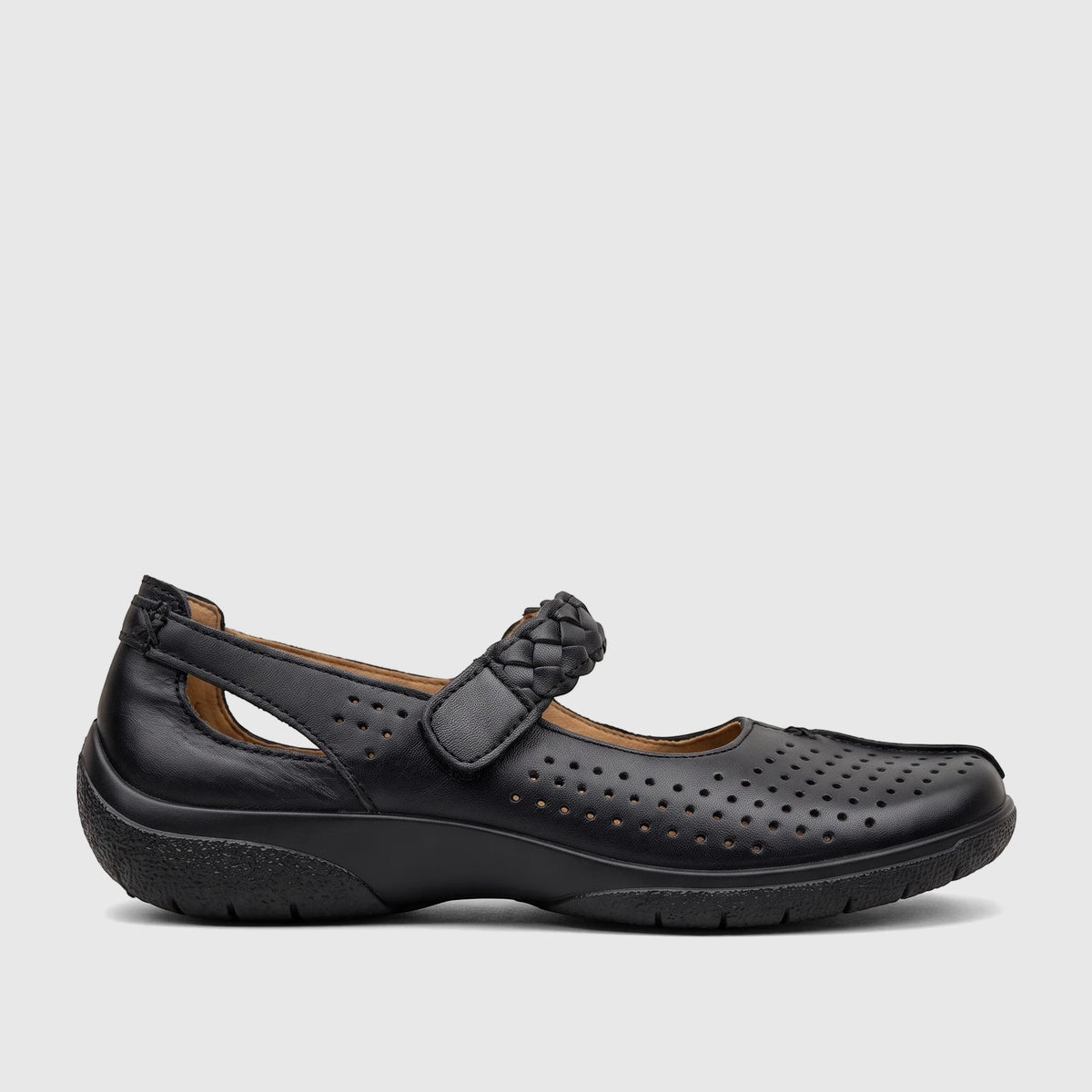 Side profile of a black Hotter Ladies Quake 2 comfort shoe with a perforated design and braided strap.