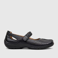 Side profile of a black Hotter Ladies Quake 2 comfort shoe with a perforated design and braided strap.