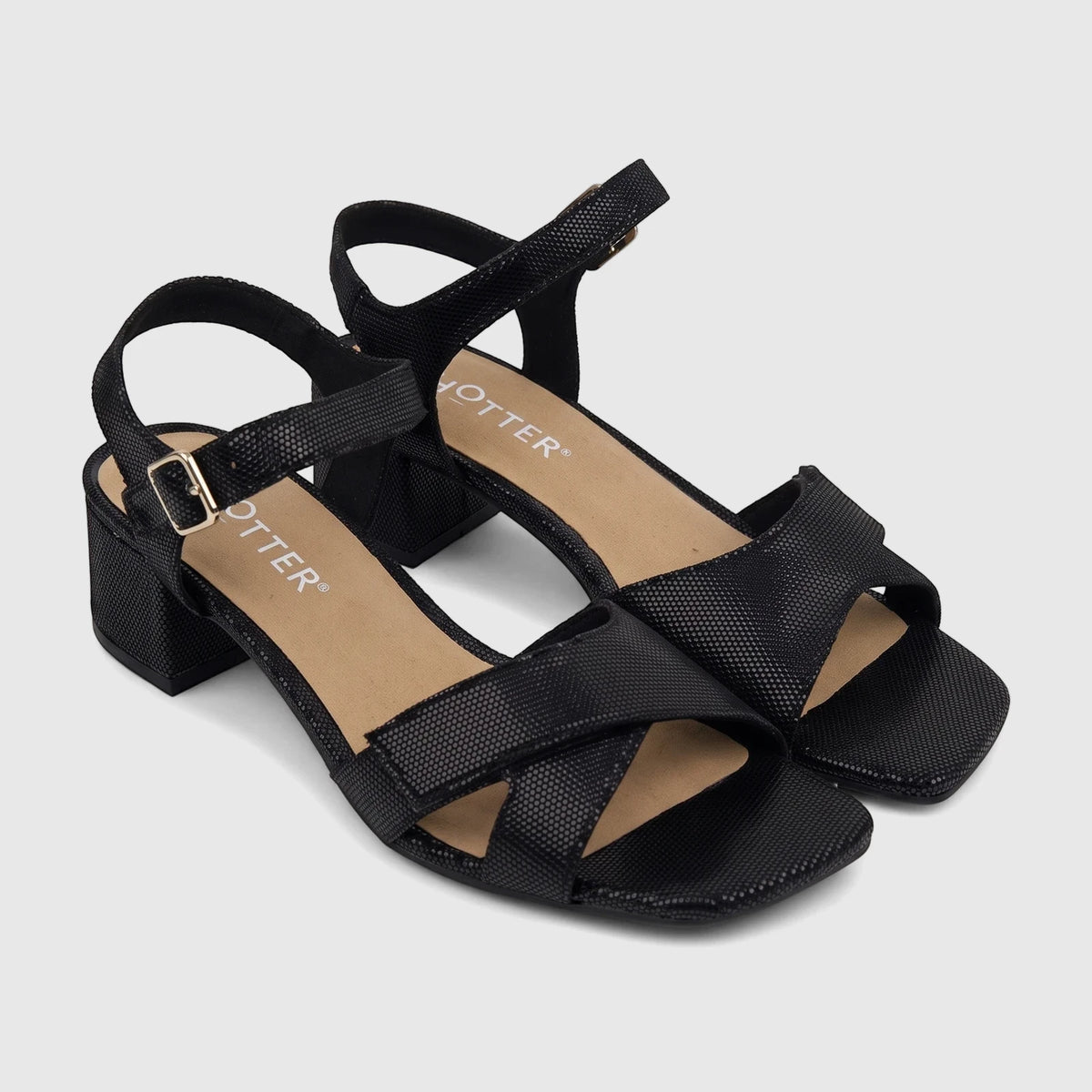 Black Hotter Ladies Riviera block heel sandals with textured finish, ankle straps, and square toe design.