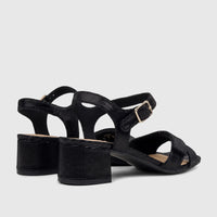 Pair of Hotter Riviera black block heel sandals with textured straps and a gold buckle, viewed from a slightly elevated rear