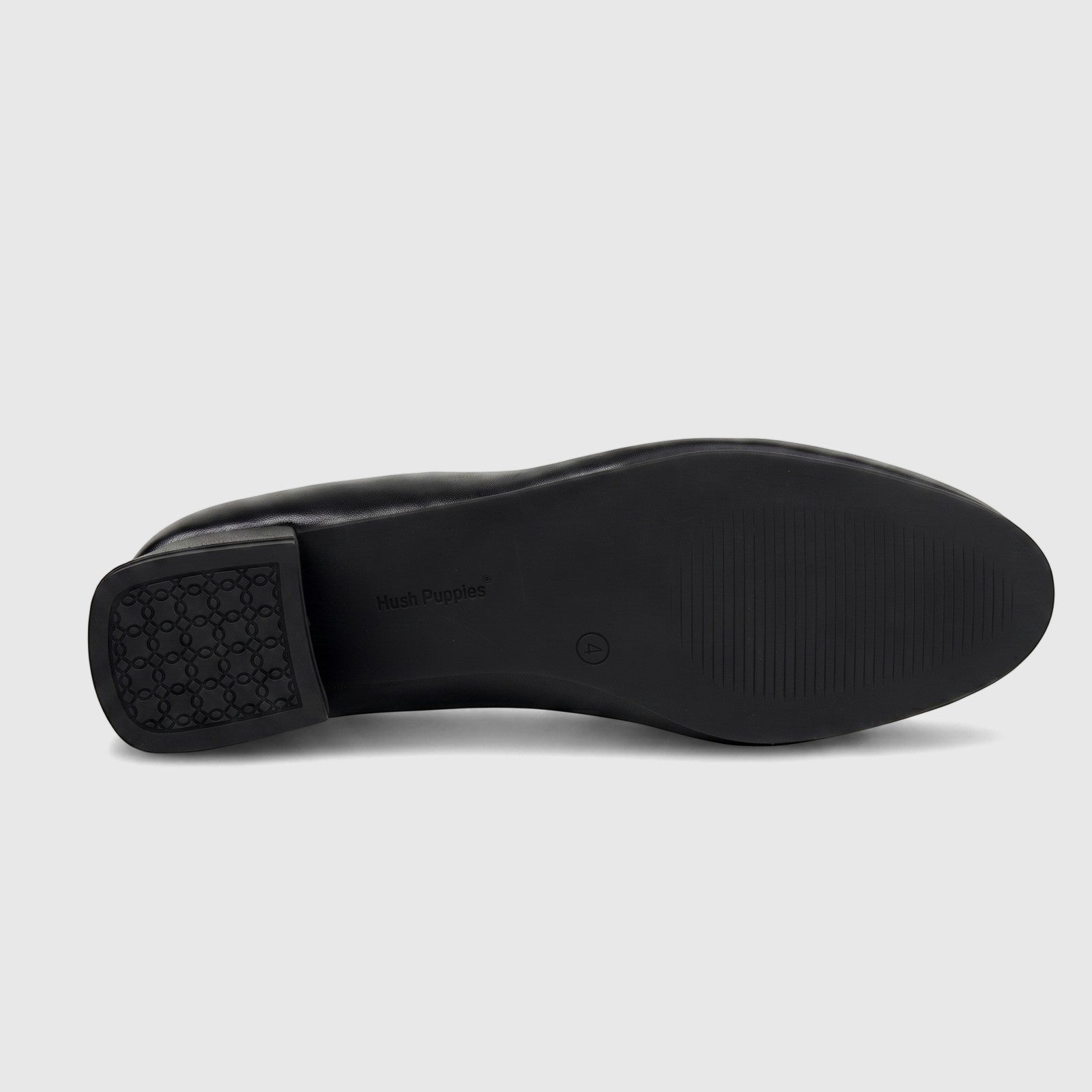 Black Hush Puppies ladies' comfort block heel shoe, HPL01462, shown from the sole with a textured heel.