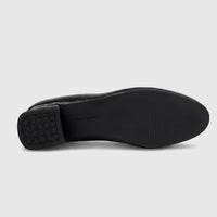 Black Hush Puppies ladies' comfort block heel shoe, HPL01462, shown from the sole with a textured heel.