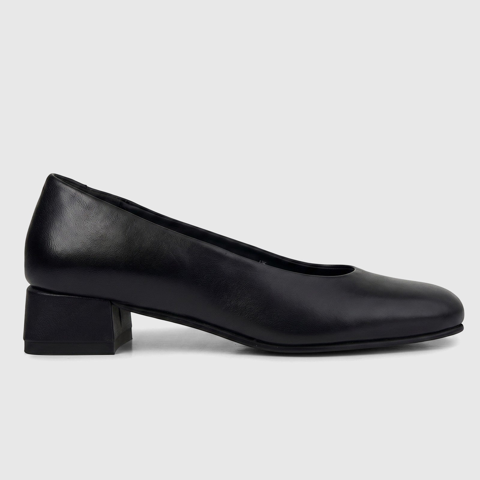 Black leather HP Ladies Comfort Block Heel pump, shown from a side view, featuring a rounded toe and a sturdy block heel.
