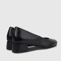 Black HP Ladies Comfort Block Heel shoes, crafted from smooth leather, featuring a comfortable block heel, shown from a