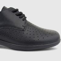 Black leather HP Ladies Comfort lace-up shoe with perforated details and a comfort sole, viewed from a side angle.