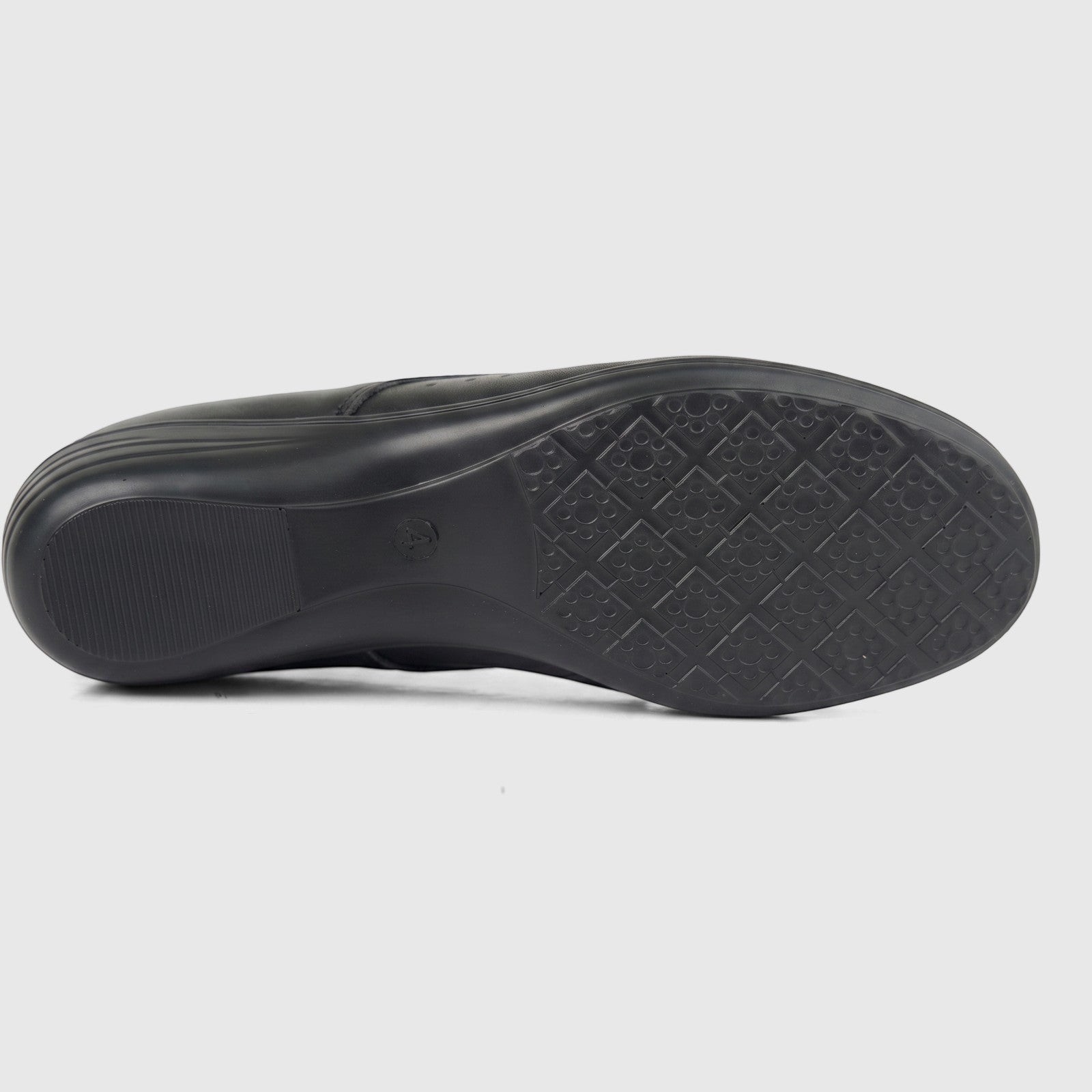 HP Ladies Comfort Lace Up HPL01499 Sister Black HL273 shoe, viewed from the bottom showing the textured sole pattern and low