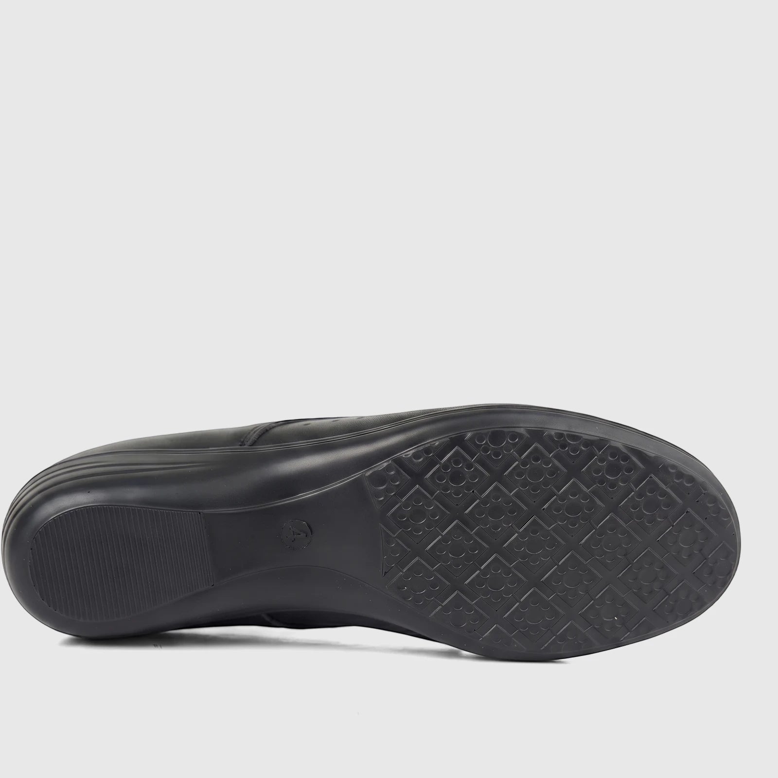 HP Ladies Comfort Lace Up HPL01499 Sister Black HL273 shoe, showing the textured black rubber sole from below.