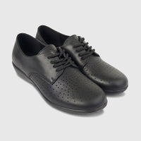Pair of HP Ladies Comfort Lace Up HPL01499 Sister Black HL273 shoes made of black perforated leather, shown from a slightly