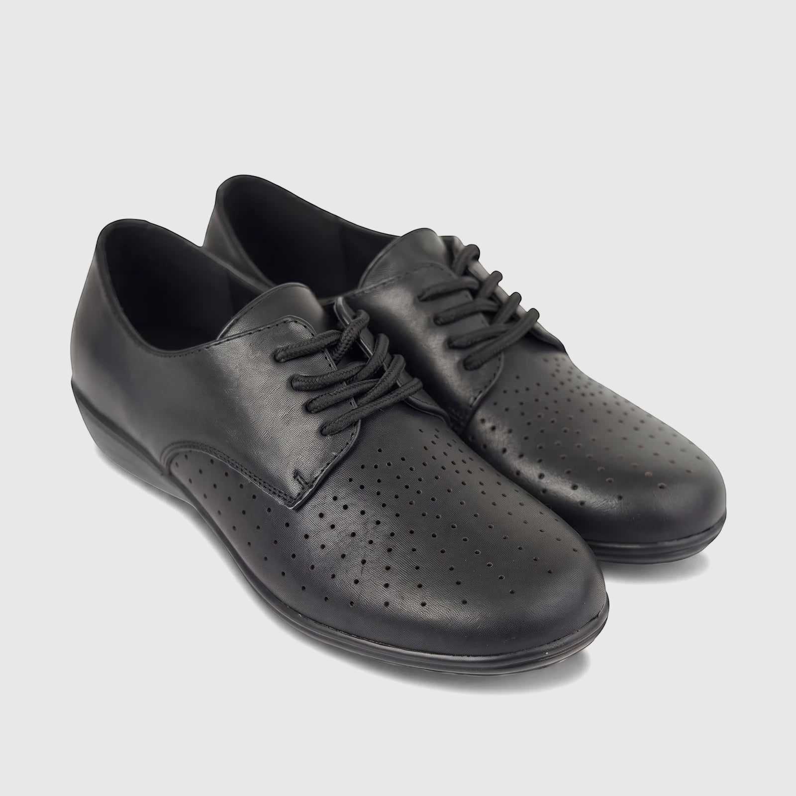 Pair of black HP Ladies Comfort Lace Up HPL01499 Sister Black HL273 shoes made of perforated leather with black laces.