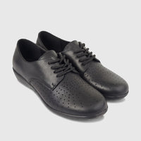 Pair of black HP Ladies Comfort Lace Up HPL01499 Sister Black HL273 shoes made of perforated leather with black laces.