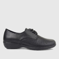 Black leather women's comfort lace-up shoe with perforated details and a low wedge heel, photographed from the side.