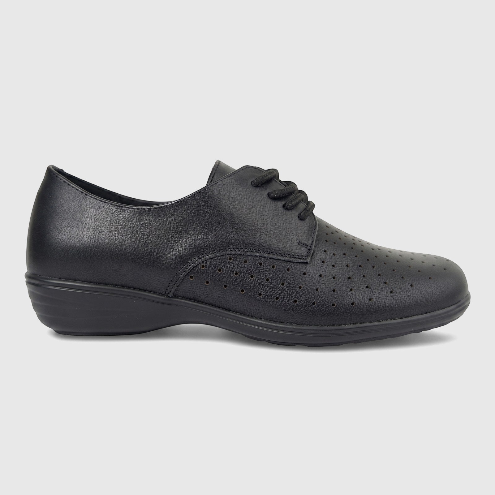 Black leather ladies' comfort lace-up shoe with a perforated upper and a low heel, viewed from the side.