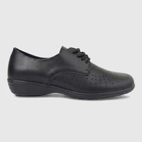 Black leather ladies' comfort lace-up shoe with a perforated upper and a low heel, viewed from the side.