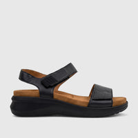 Black HP Ladies Comfort Sandal Saria HPL01531, crafted from leather with a platform sole, shown in a side view.