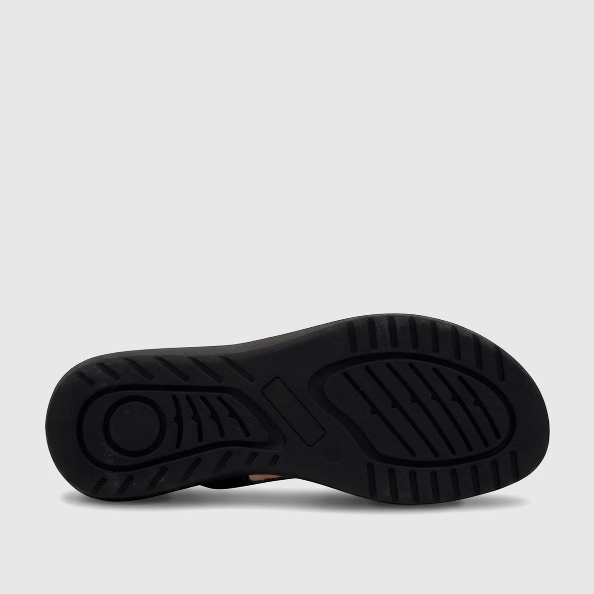 Black HP Ladies Comfort Sandal Saria, showing the textured sole with circular and linear tread patterns from a bottom-up