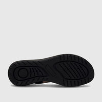 Black HP Ladies Comfort Sandal Saria, showing the textured sole with circular and linear tread patterns from a bottom-up