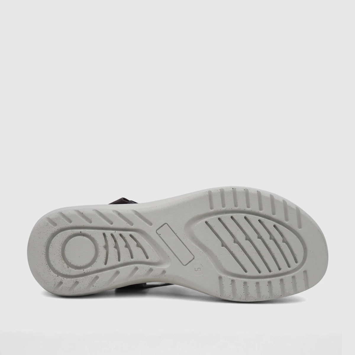 Gray textured sole of an HP Ladies Comfort Saria sandal, photographed from below with grip patterns and size marking visible.