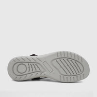 Gray textured sole of an HP Ladies Comfort Saria sandal, photographed from below with grip patterns and size marking visible.