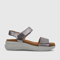 HP Ladies Comfort Sandal Saria HPL01531 in stone metallic, featuring a perforated toe strap and hook-and-loop closures,