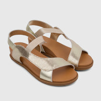 HP Ladies Comfort Sandal Zaira in gold metallic, featuring a snakeskin texture and elastic slingback straps, presented on a