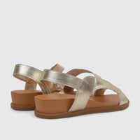 HP Ladies Comfort Sandal Zaira, gold metallic, with multi-strap design and a brown platform sole, side view.
