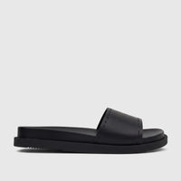 A single black HP Reya comfort slide sandal with a stitched strap, viewed from the side on a white background.