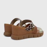 Pair of HP Ladies Comfort Wedge Sandals Catalino HPL01517 in leopard print, brown, and gold, with ridged wedge soles, back