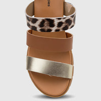 HP Ladies Comfort Wedge Sandal with leopard print, brown, and gold straps in a close-up studio shot.