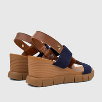 HP Ladies Comfort Wedge Sandals in navy blue and brown, featuring a textured wedge heel and adjustable ankle strap closure.