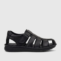 A black leather HP Men's Comfort Fisherman Sandal, seen from a side profile, showcasing its closed toe and strap details.