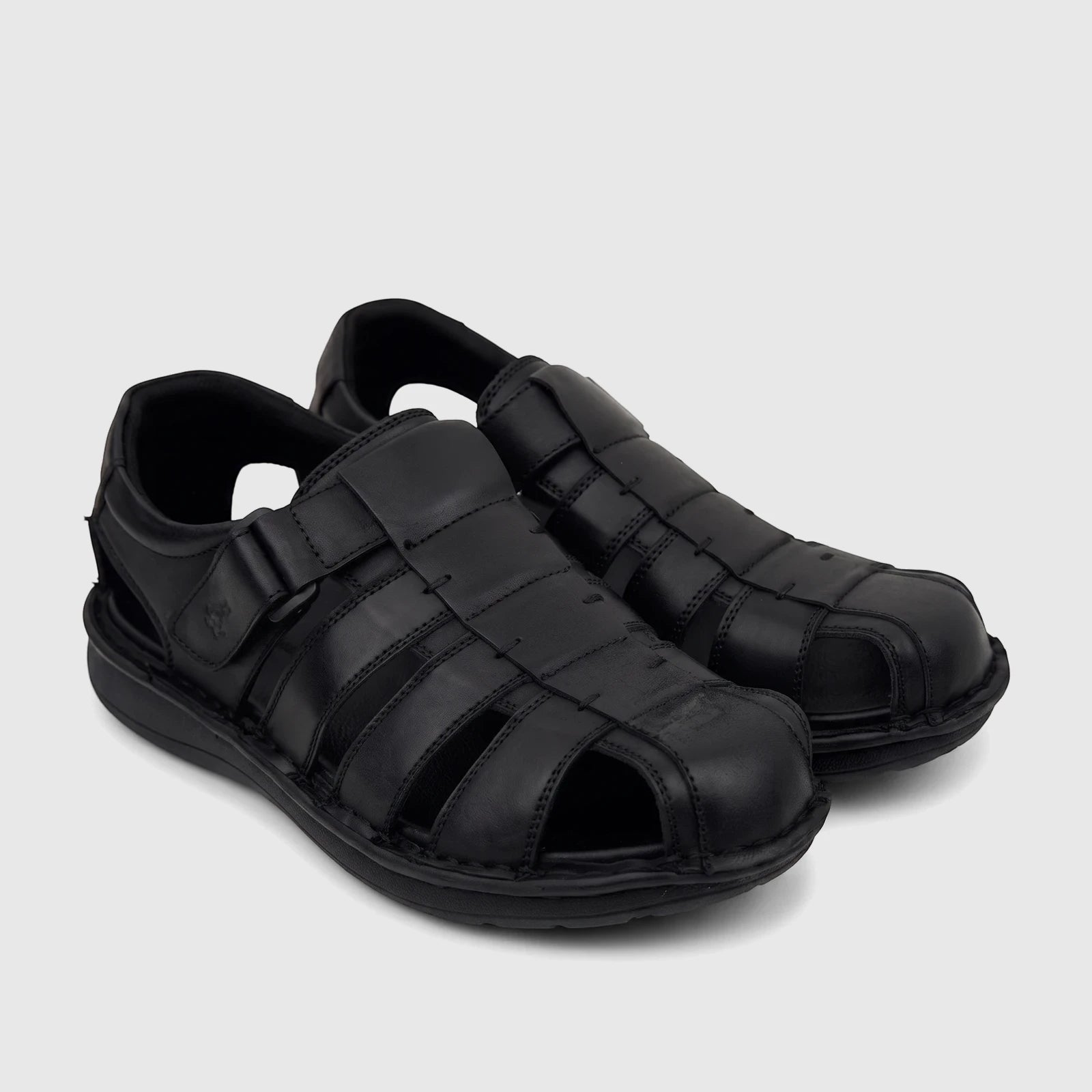 Pair of black leather HP Men's Comfort Fisherman Sandals, Jannes style, shown from a slightly elevated view.