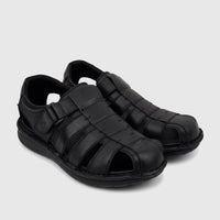 Pair of black leather HP Men's Comfort Fisherman Sandals, Jannes style, shown from a slightly elevated view.