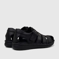 Pair of black HP Men's Comfort Fisherman Sandals Jannes HPM01058, made of leather, viewed from a rear-side angle.