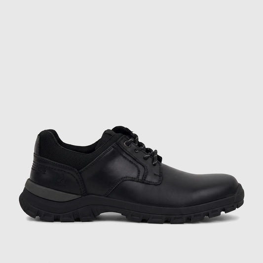 HP Men's Comfort Lace Up Dawie shoe in black leather, featuring a rugged sole and side view.