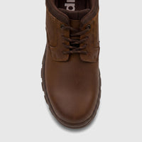 Close-up front view of an HP Men's Comfort Lace Up Dawie boot in brown, featuring dark brown laces and a sturdy sole.