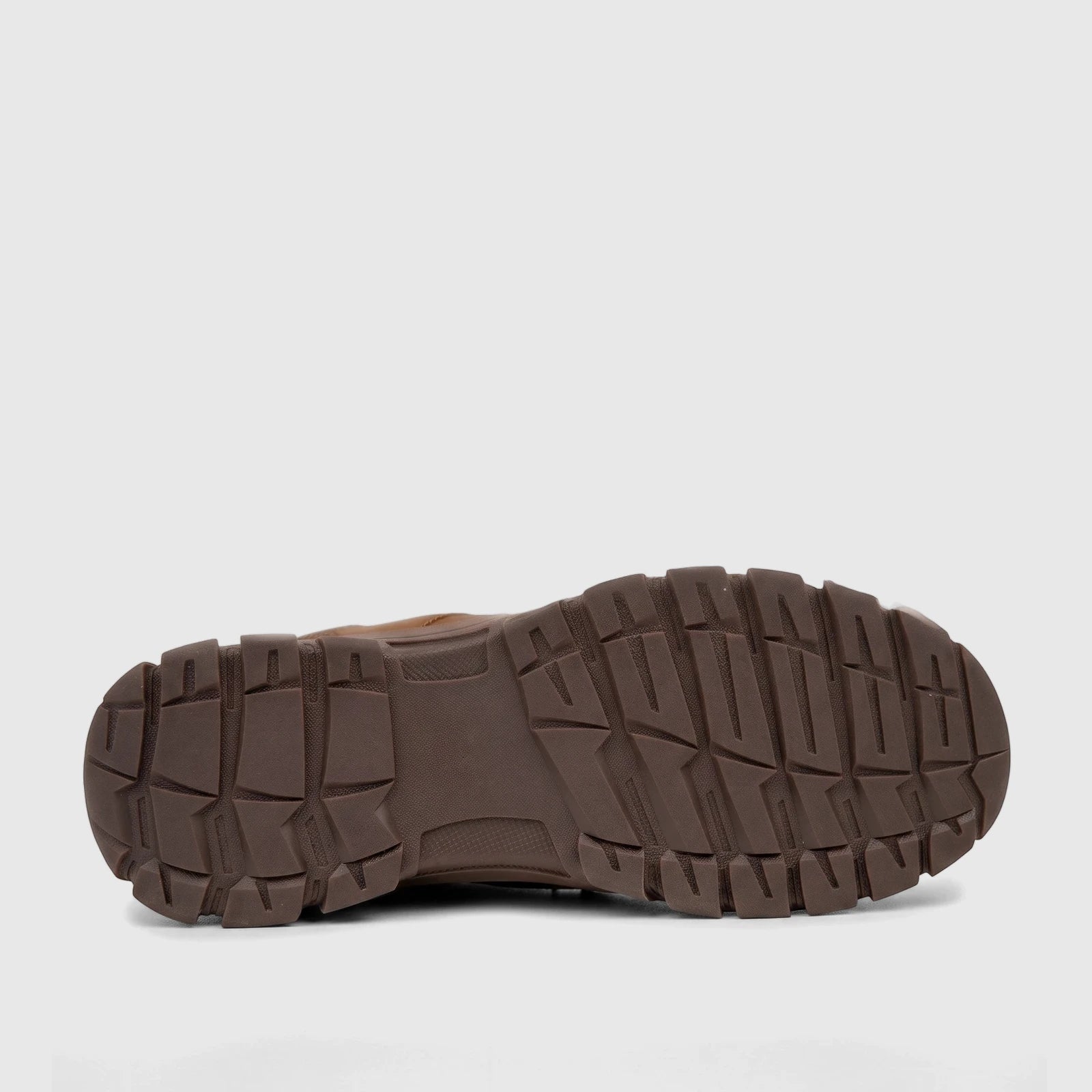 Brown HP Men's Comfort Lace Up Dawie shoe, sole view, featuring a rugged, durable tread pattern on the rubber outsole.